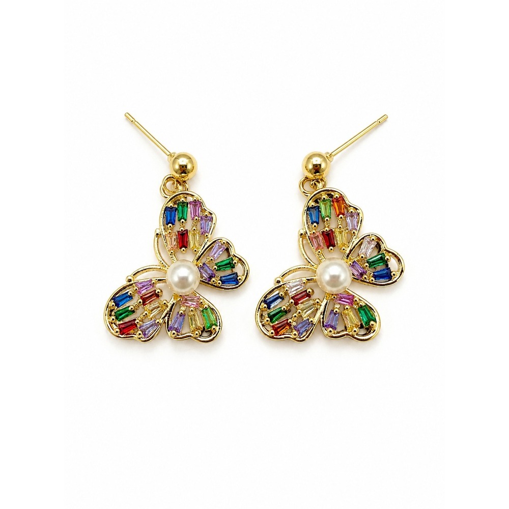 New Multicolor Rhinestone Butterfly Pearl Gold Tone Dangle Earrings